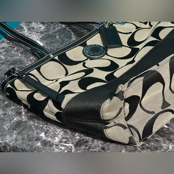 Coach Signature Stripe Zippered Tote Bag Purse Black Gray Shopper F19046 - Picture 5 of 10